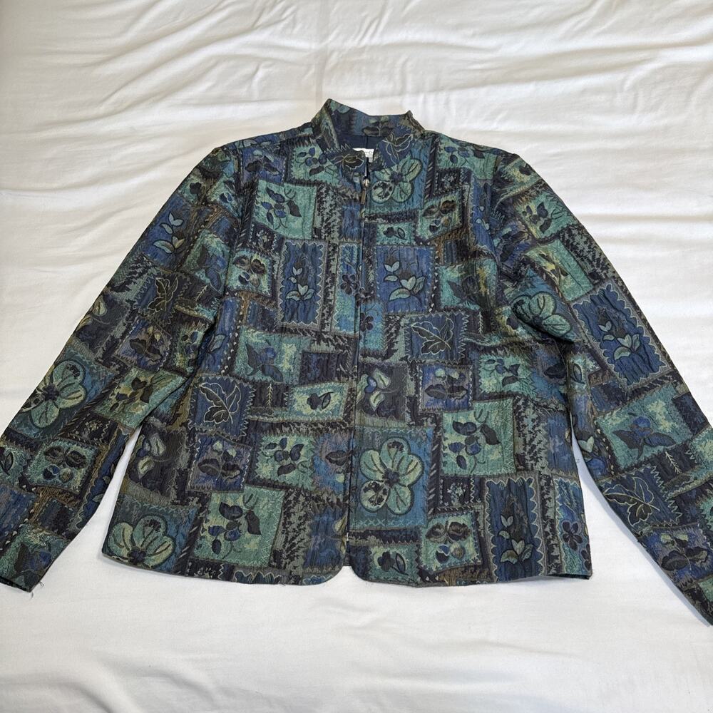 Coldwater Creek Womens M Full Zip Blue Green Floral Embroidered Tapestry Jacket